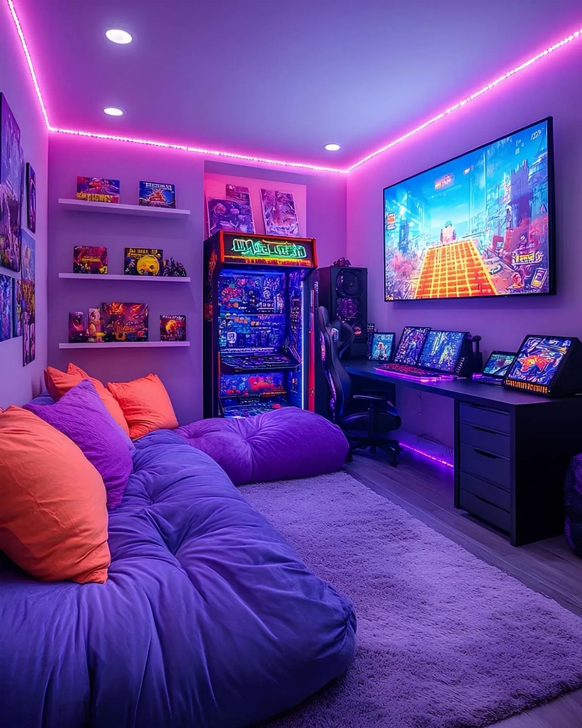 Gaming room with purple lighting, vintage arcade machine, and large screen monitor.