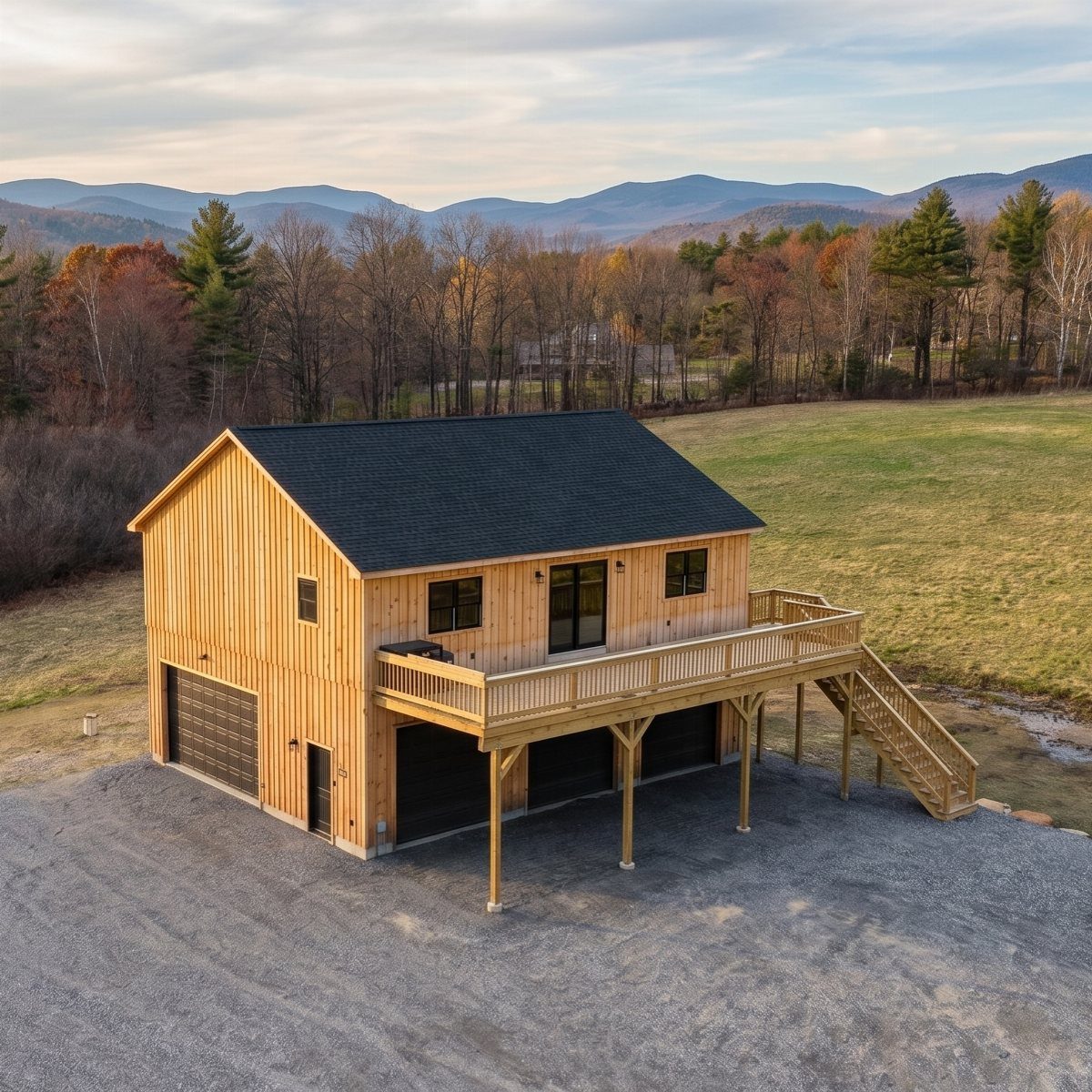Two-story wooden garage with a finished apartment and large deck overlooking mountains.