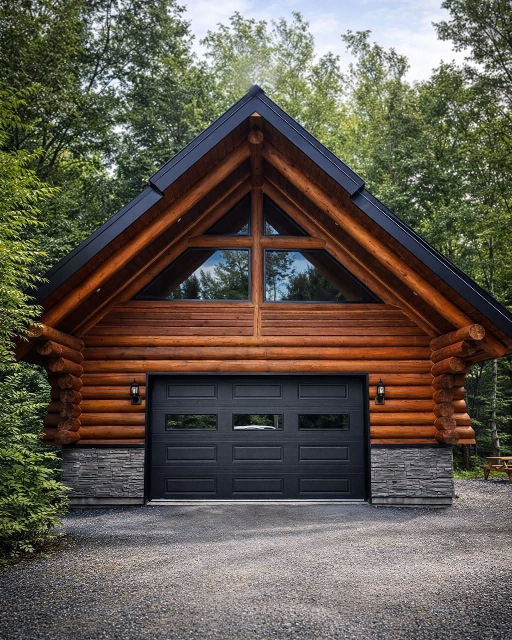 Log cabin garage with a black door and triangular loft windows.