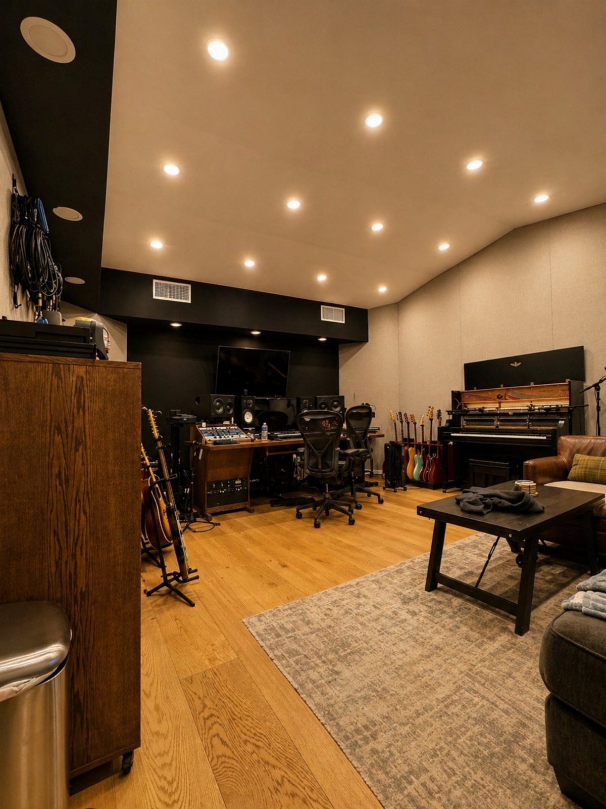 Music production studio with mixing desk, guitars, piano, and lounge seating area.