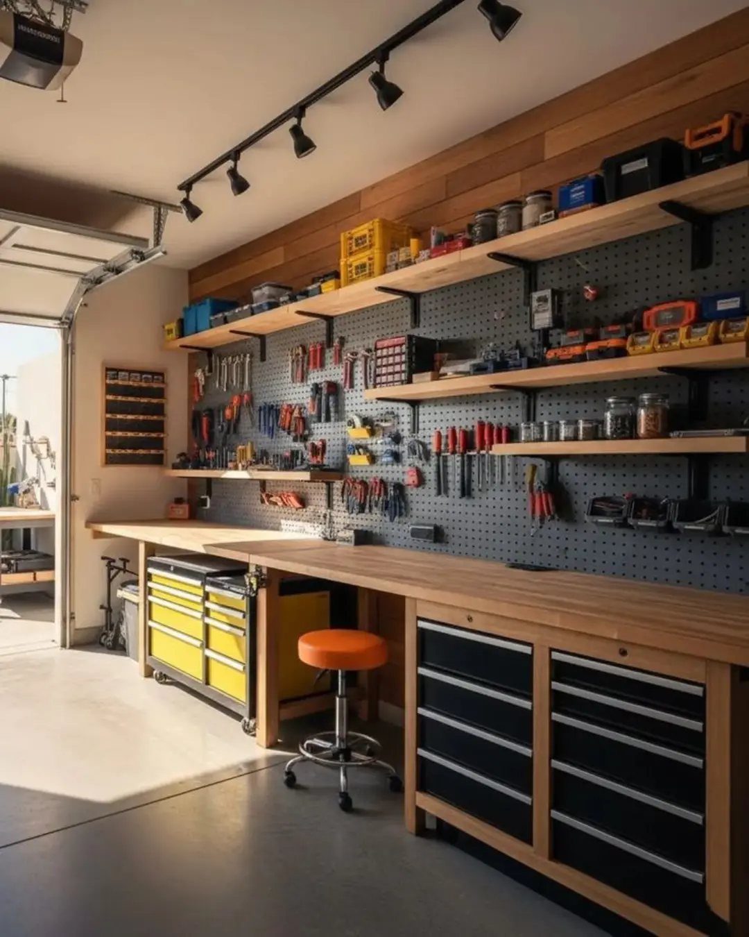 Organized garage workshop with wooden workbench, pegboard tool wall, and storage cabinets.