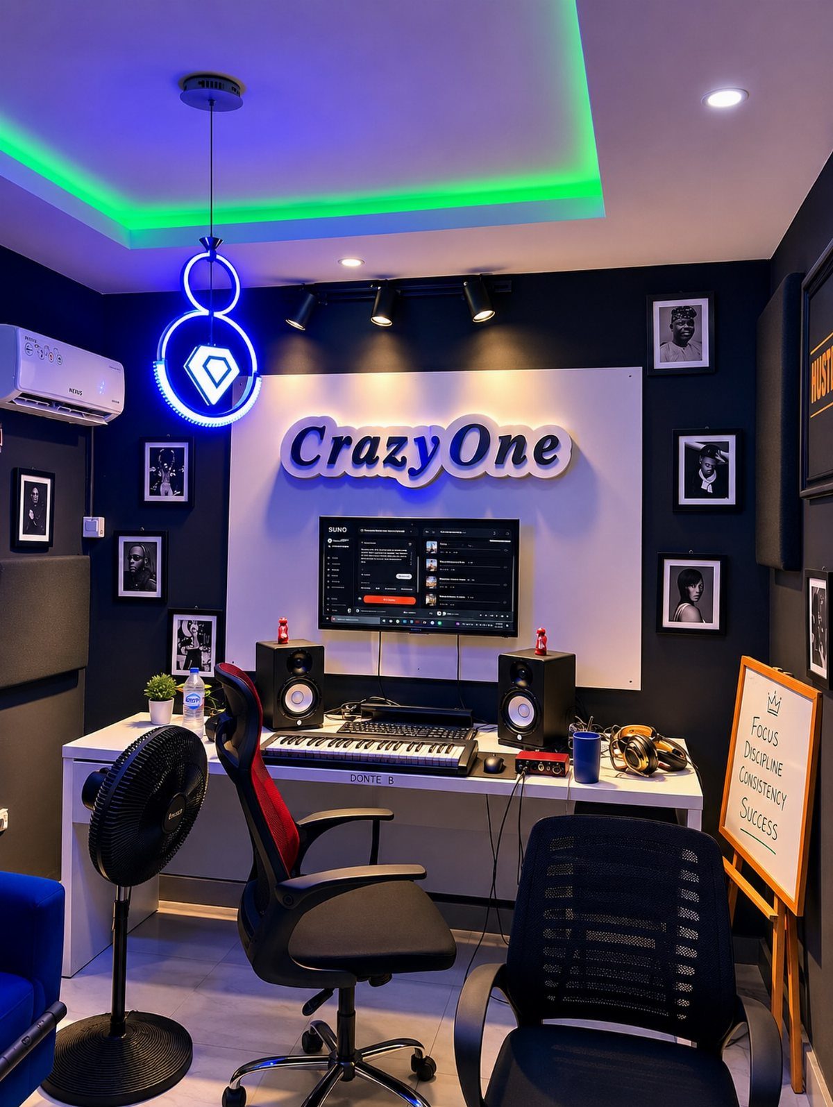 Home music studio with neon lighting, MIDI keyboard, and studio monitors in dark room