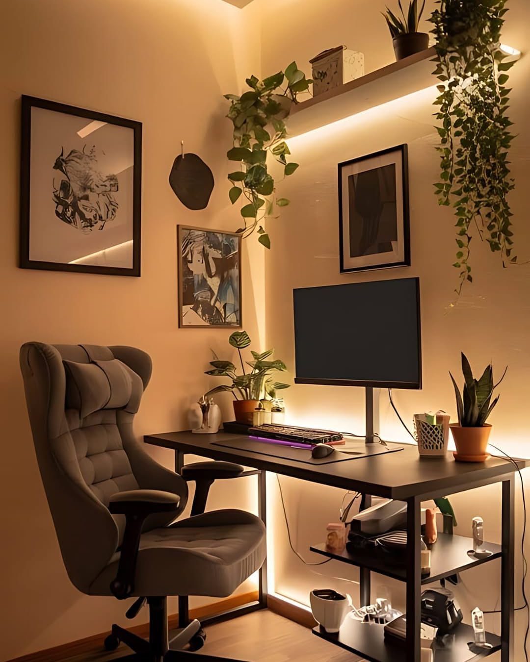 Home office desk with green indoor plants on the tabletop and overhead shelf.