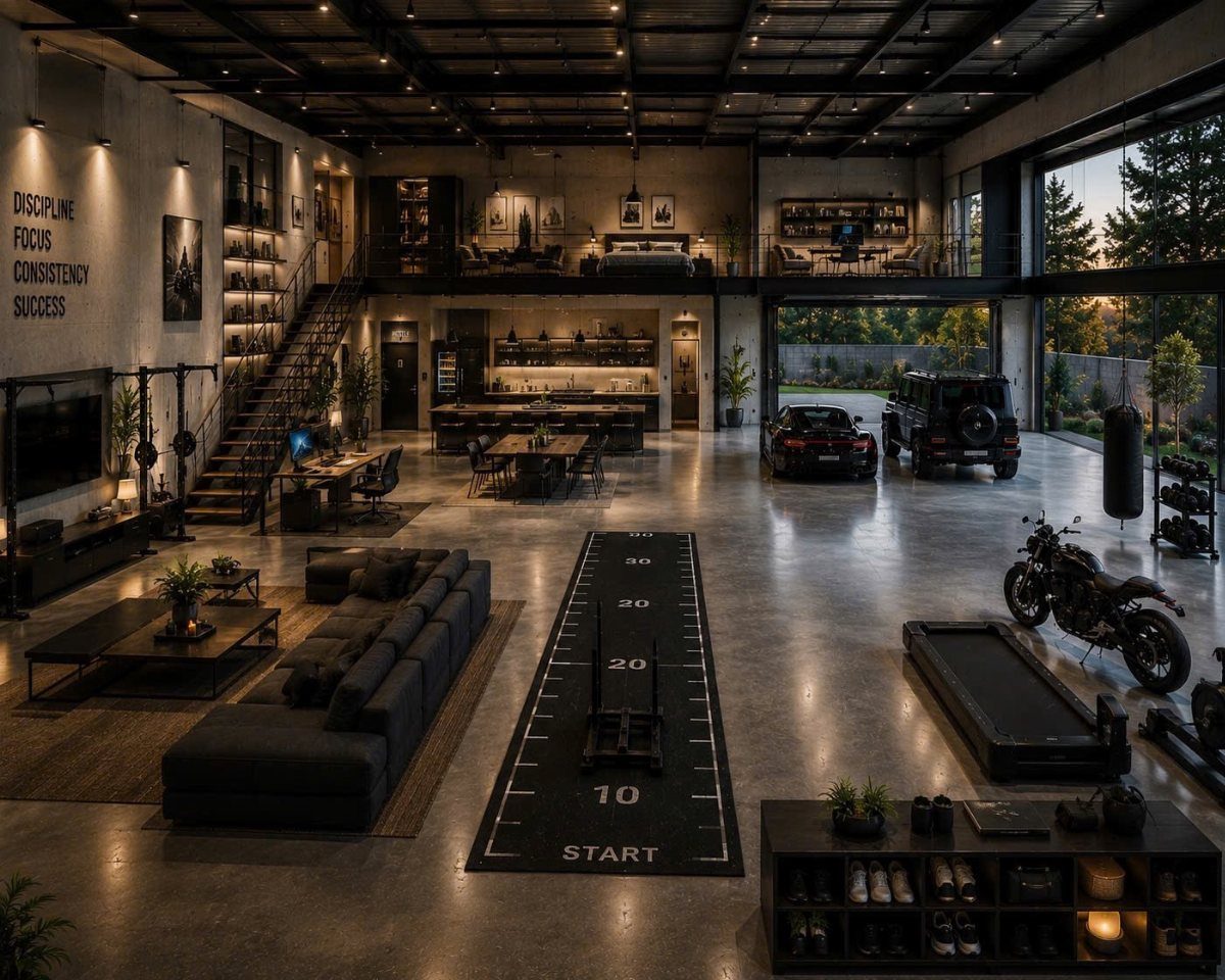 Industrial open loft featuring a combined home office, gym area, and living space.
