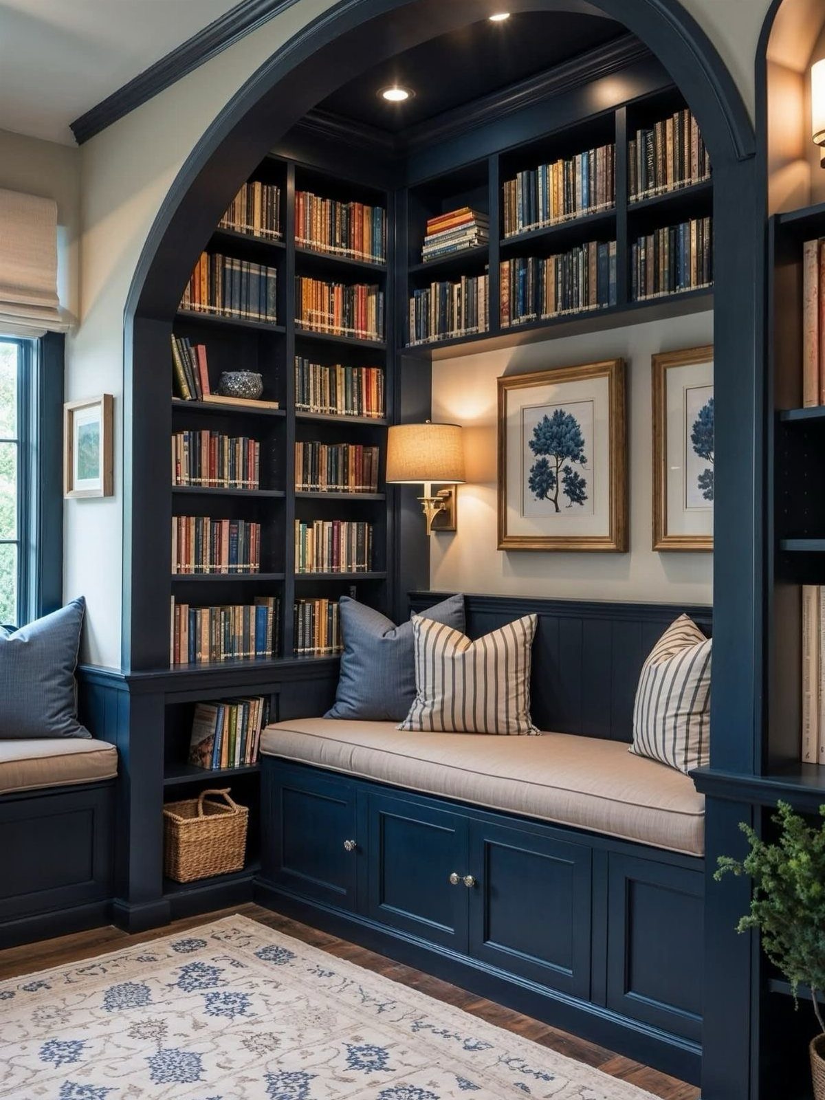 Deep blue built-in bookshelves and a cushioned reading nook under a curved archway.