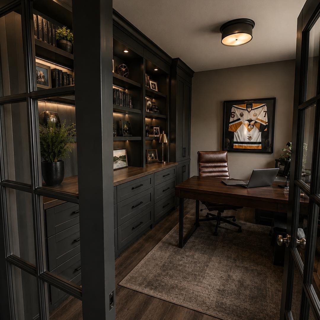 Dark grey built-in office cabinets and shelving with a wooden desk and leather chair.