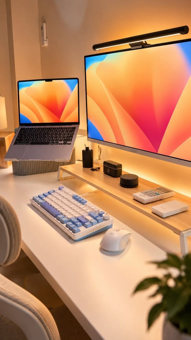Modern desk setup with a monitor screen bar light and warm under-shelf lighting.
