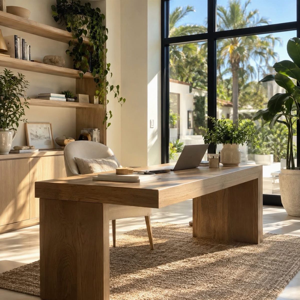 Wooden desk with laptop placed in front of large windows with palm tree views