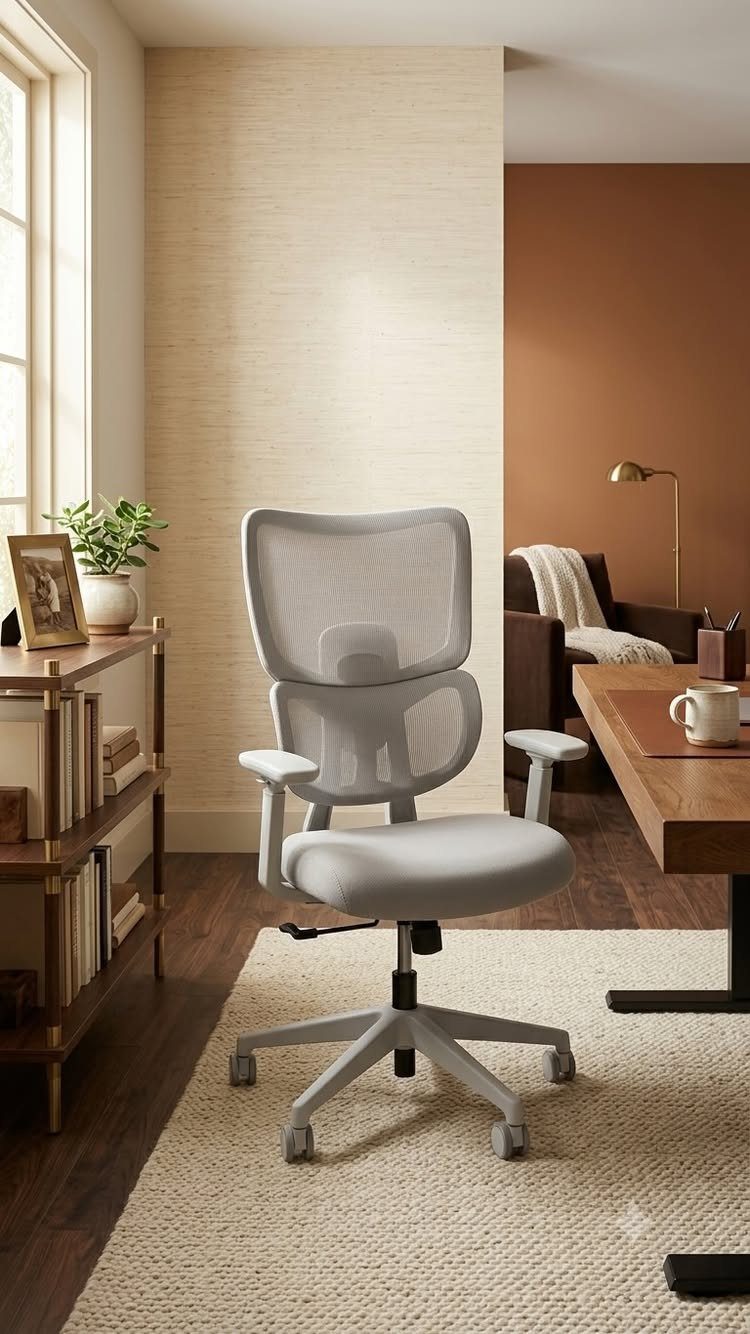 Light grey ergonomic office chair with mesh back in a modern home office.