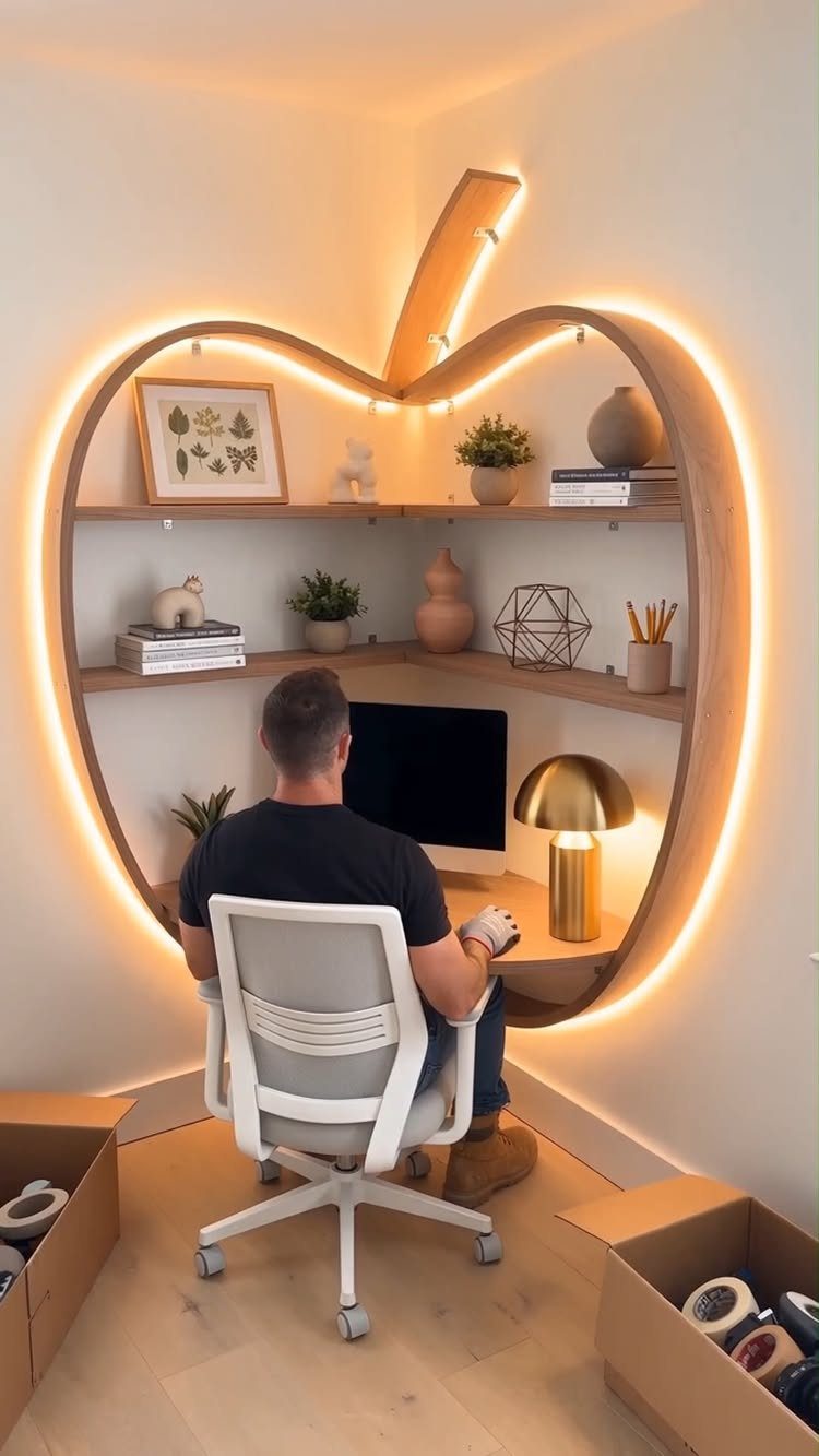 Man working at a computer inside a glowing apple-shaped wooden wall office nook