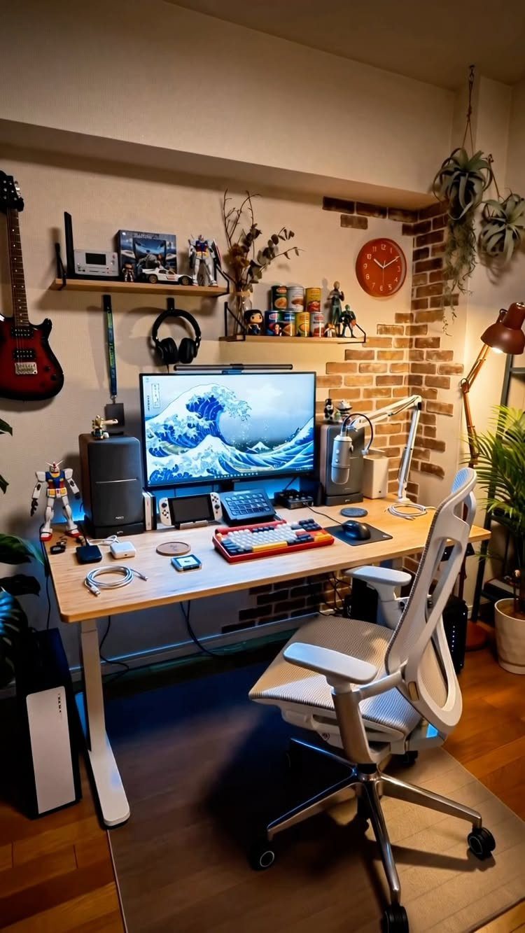 Home office desk with a computer and a red brick wall backdrop.