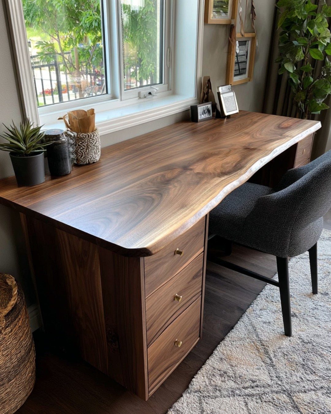 Live-edge walnut wood desk with drawers and a grey chair by a window.
