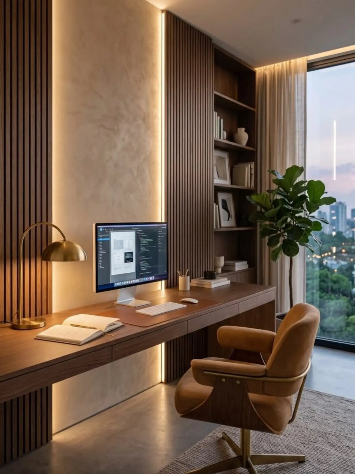 Wooden desk and brown leather chair with metal frame in a modern office