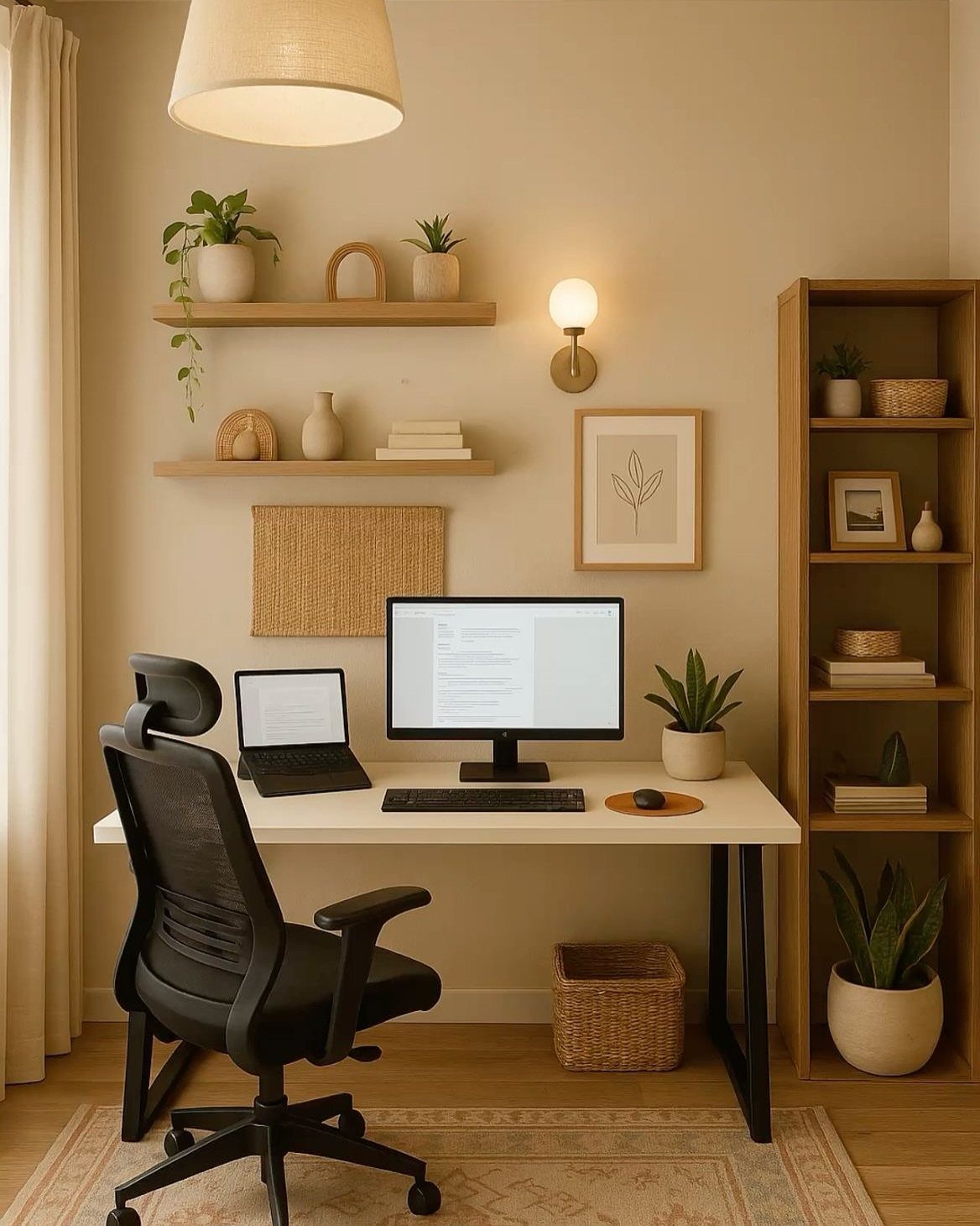 White desk with black ergonomic chair and minimal decor in a bright office.