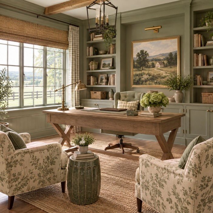 Wooden desk and leather chair in a sage green home office with bookshelves.
