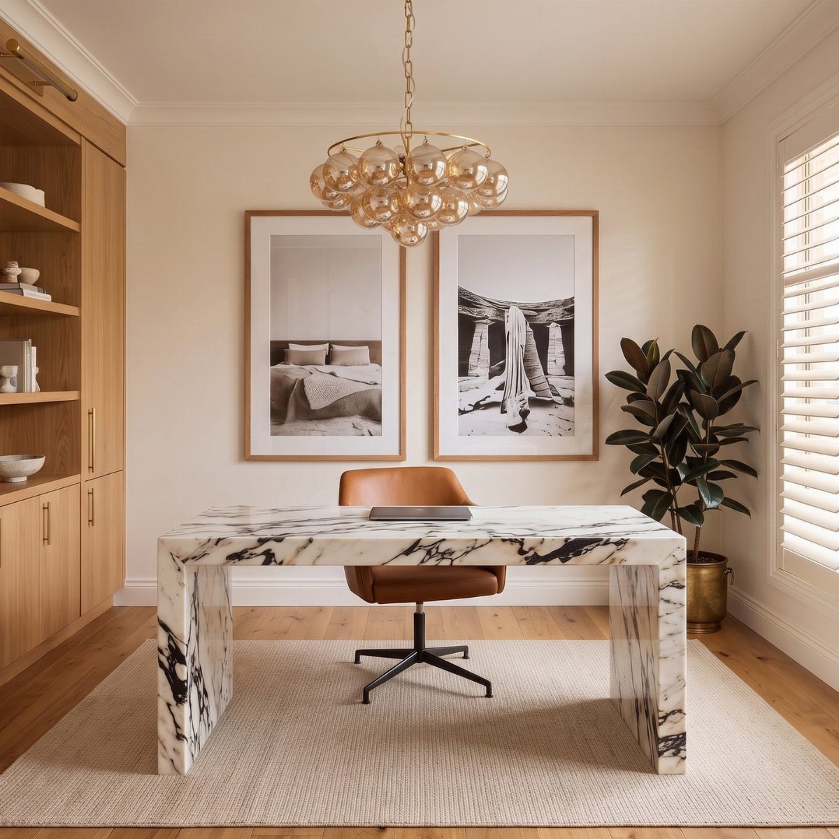 Marble desk and leather chair in office with light wood built-in cabinetry