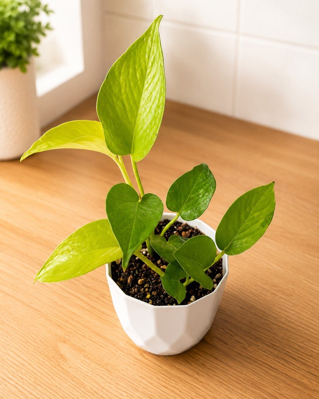 Small green plant in a white geometric pot on a wooden desk surface