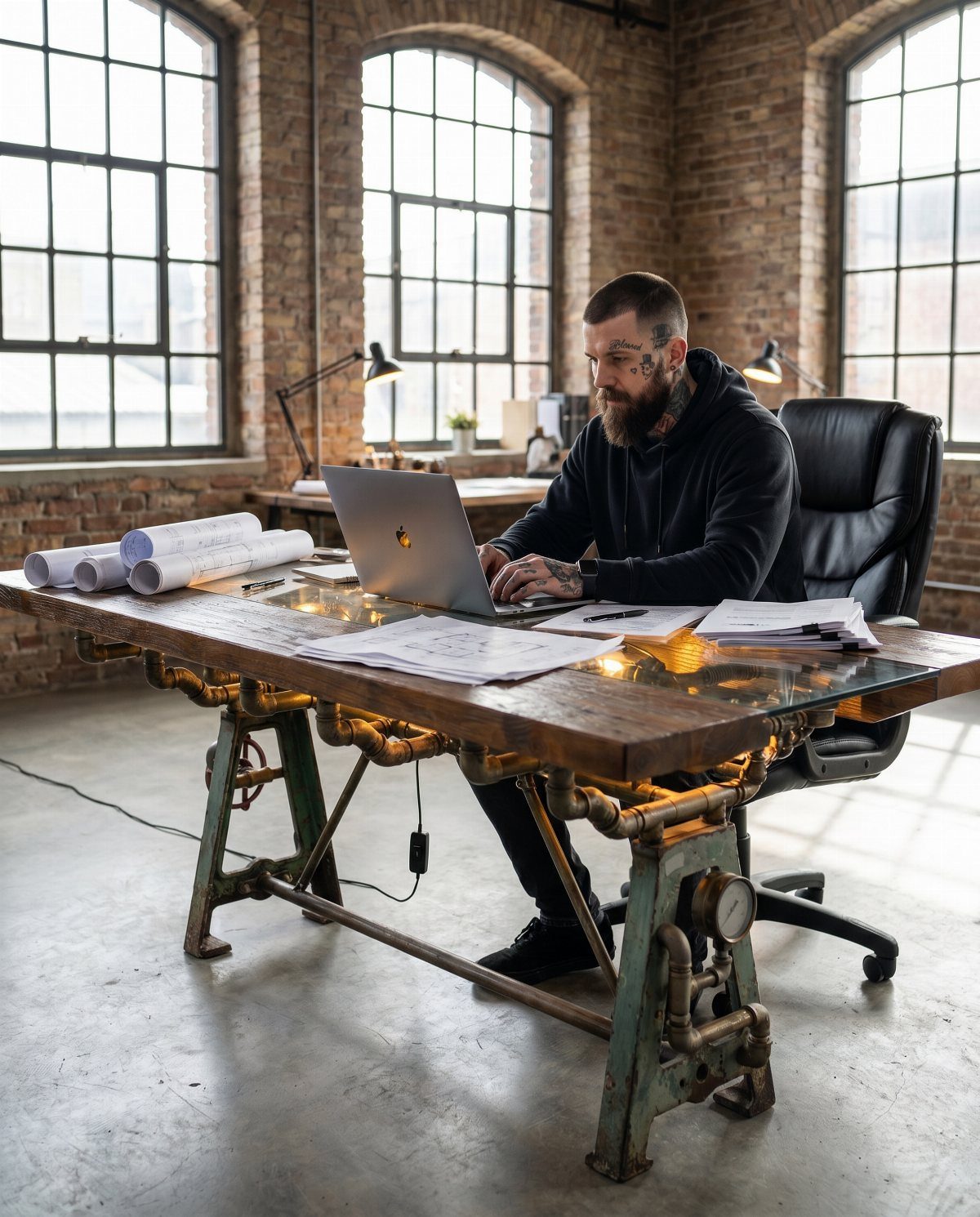 Man working at a wooden desk with metal pipe legs against exposed brick walls