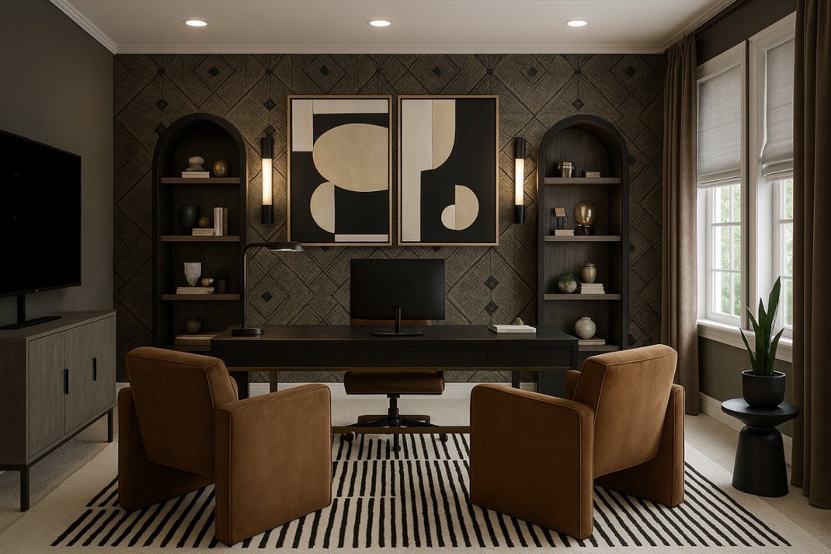 Modern home office featuring geometric patterned wallpaper, black desk, and brown leather chairs.