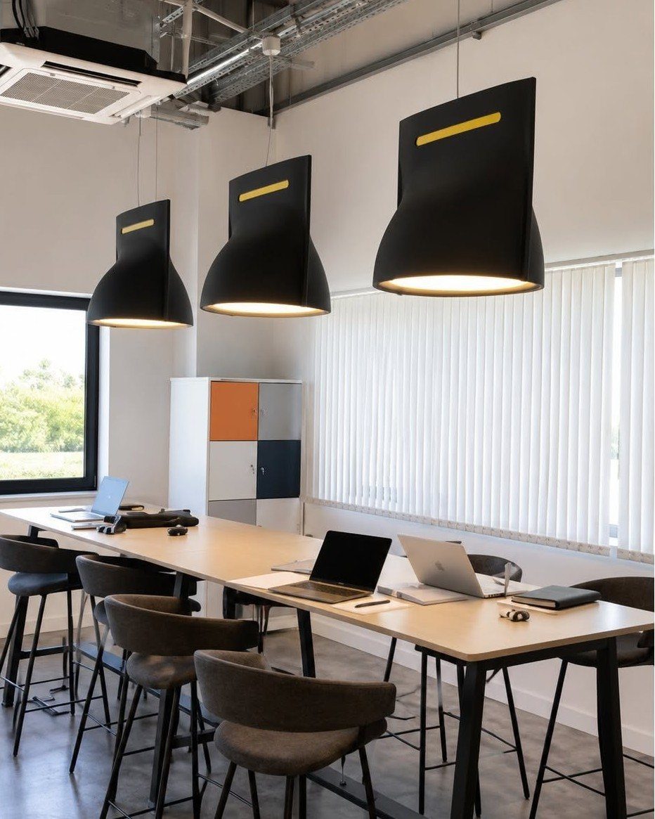 Three large black industrial pendant lights hanging over a long wooden office desk.