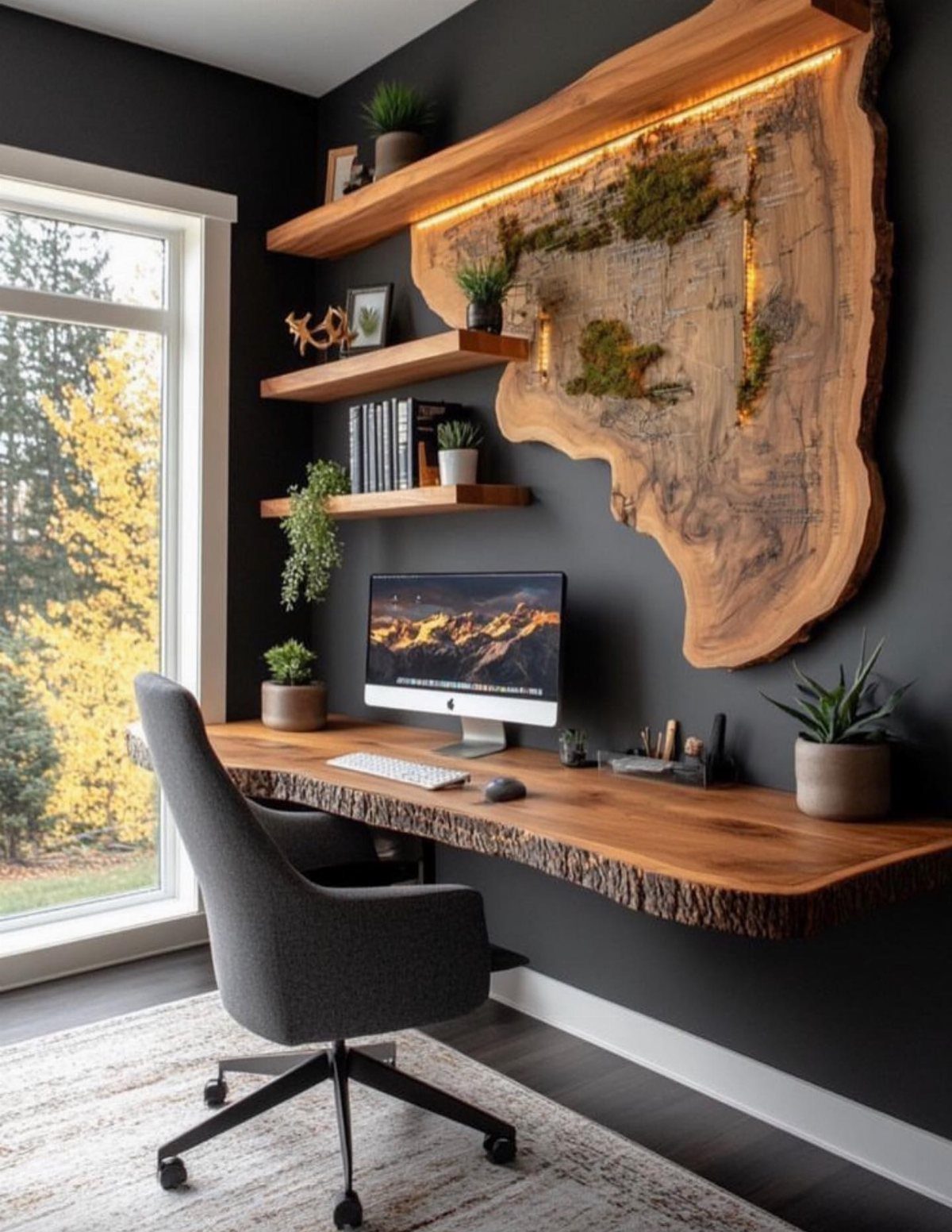 Live-edge wooden desk and organic wall art in a dark moody home office
