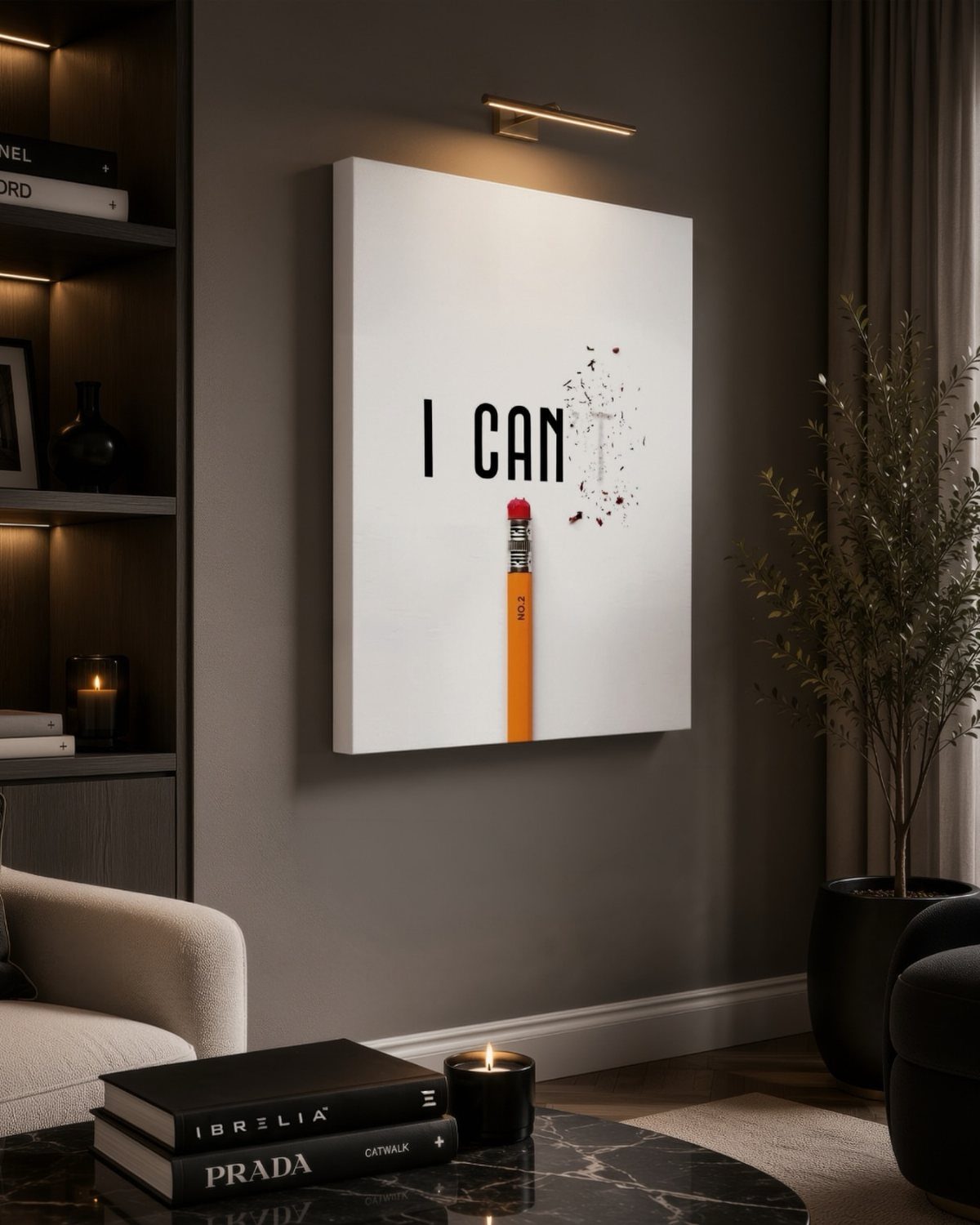 White canvas with 'I CAN' text and a pencil on a grey wall