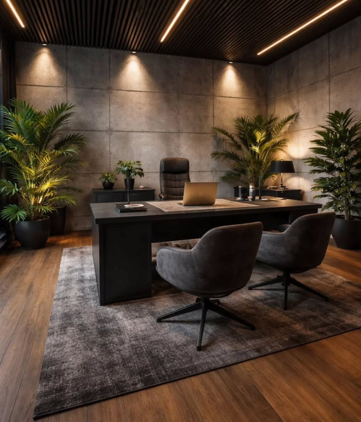 Modern home office with black desk, grey chairs, and concrete walls with plants.