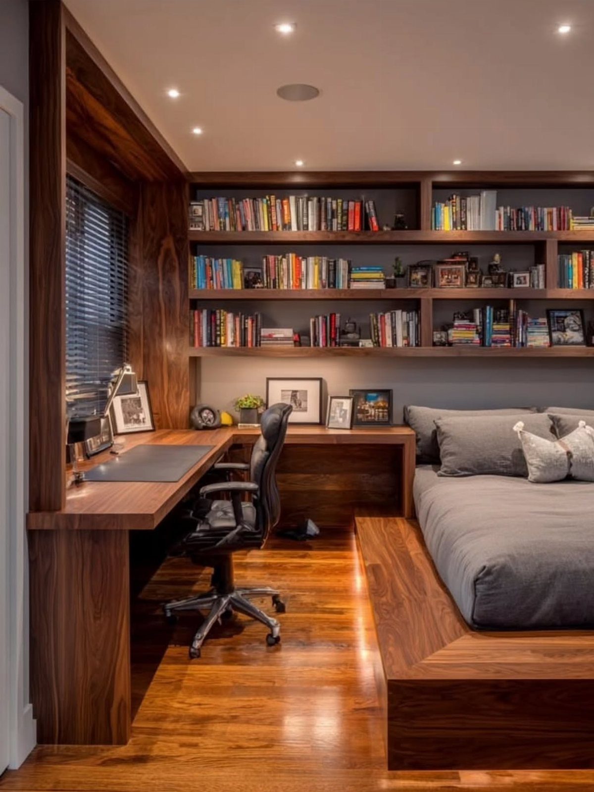 Wooden built-in desk and bookshelves integrated into a small bedroom next to a bed