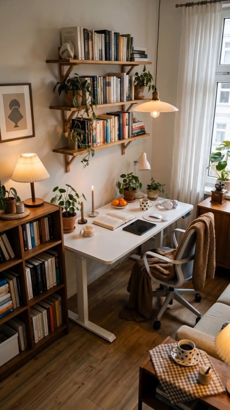 Small home office with a white desk, wooden shelves, and multiple warm light sources.