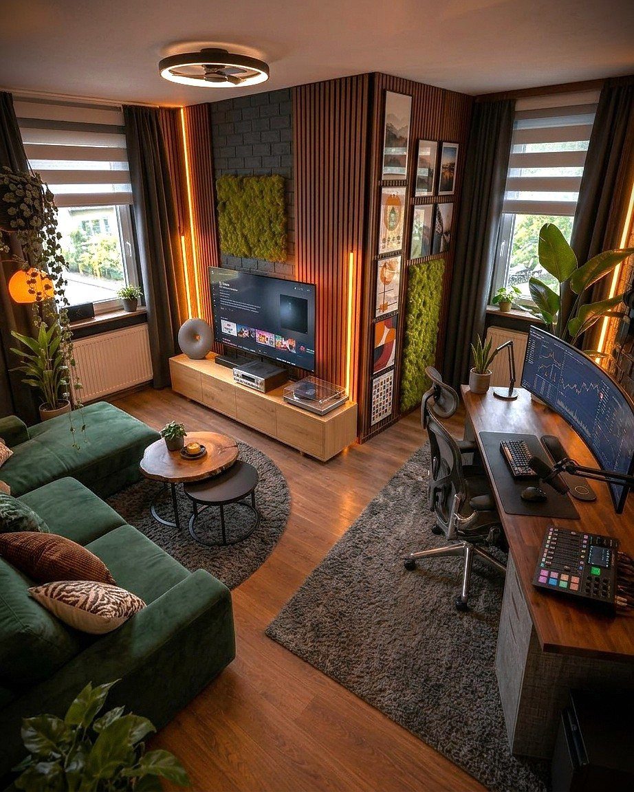 Living room with a green sofa and a dedicated wooden home office desk setup.