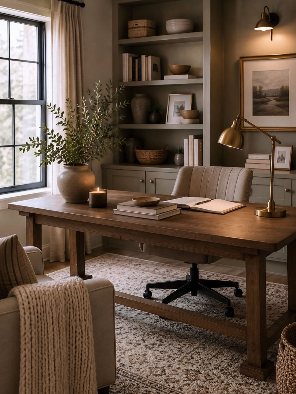 Wooden desk and ribbed office chair in a cozy room with textured rug.