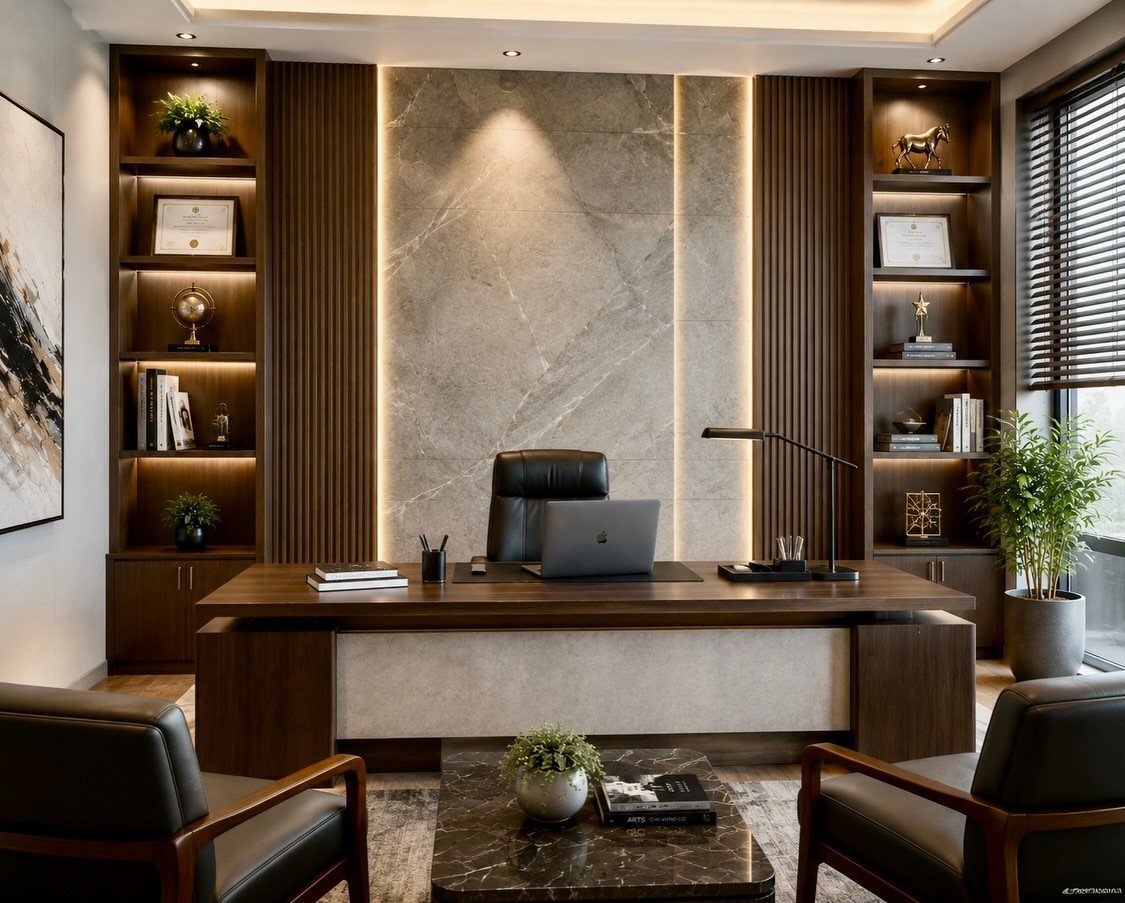 Modern home office with a large wooden desk and grey marble accent wall.