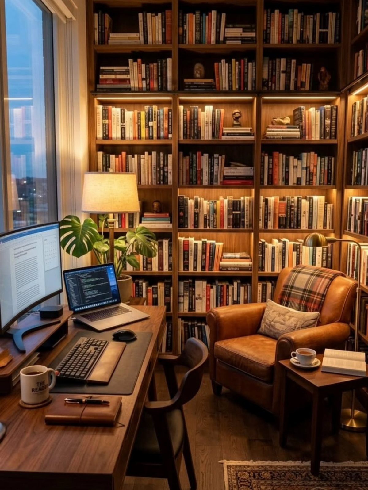 Wooden desk and leather armchair set against a large, lit bookshelf in a home office.