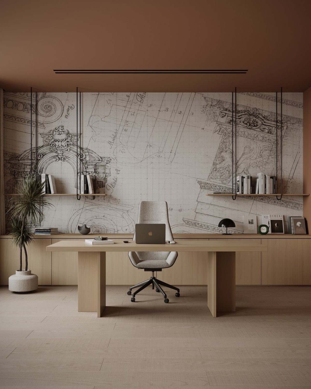 Modern minimalist home office with light wood desk and architectural wall mural.