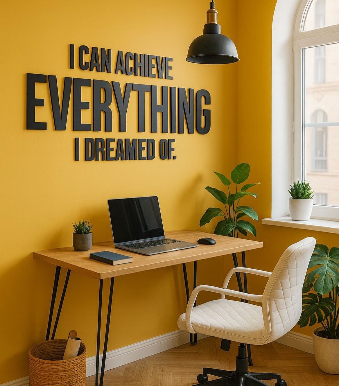 Bright yellow home office walls with a wooden desk and motivational black lettering.