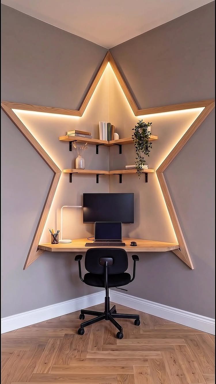 Corner office setup with star-shaped light frame and wooden corner shelving above a desk.