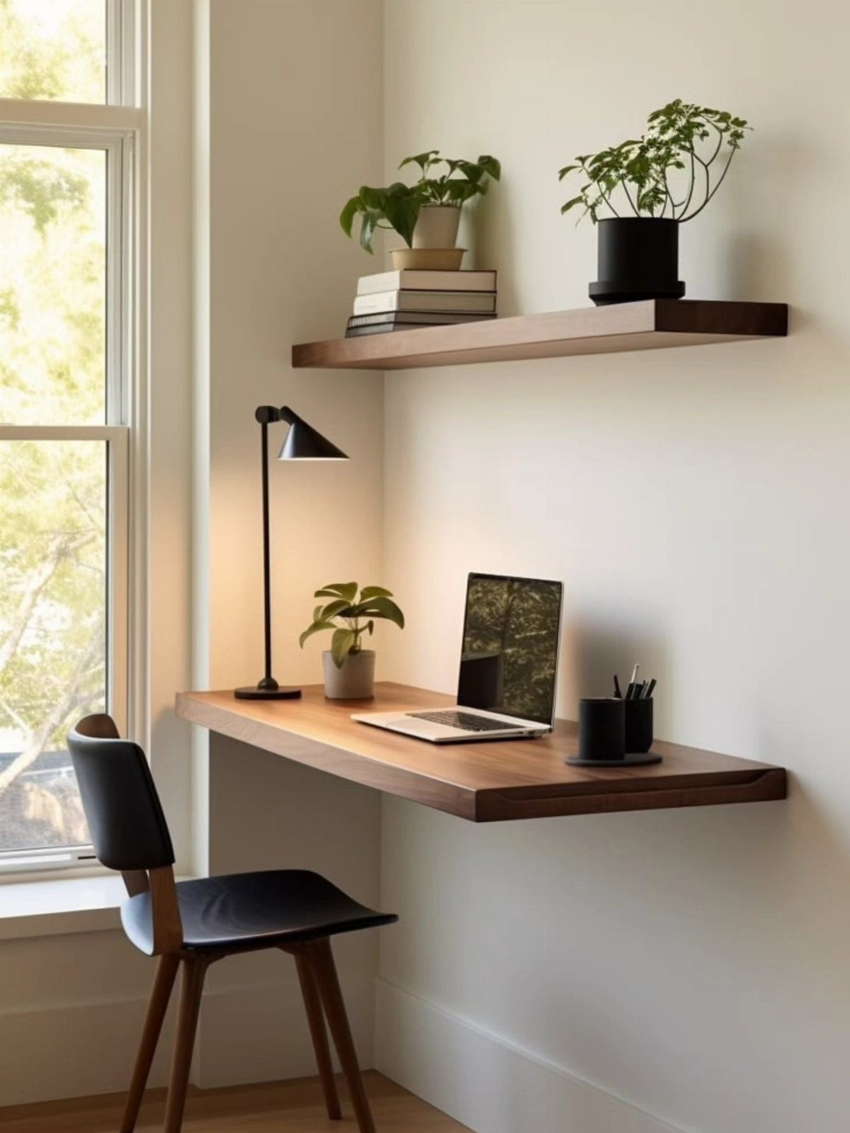 Floating wooden desk and shelf with a laptop and plants in a bright room