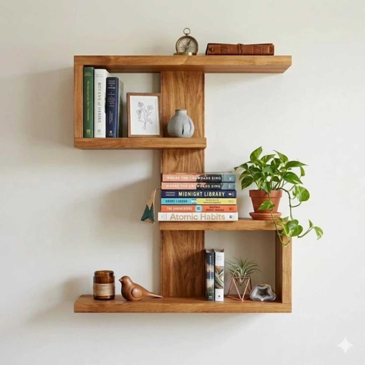 Geometric wooden wall shelves holding books, a small plant, and decorative home accessories.
