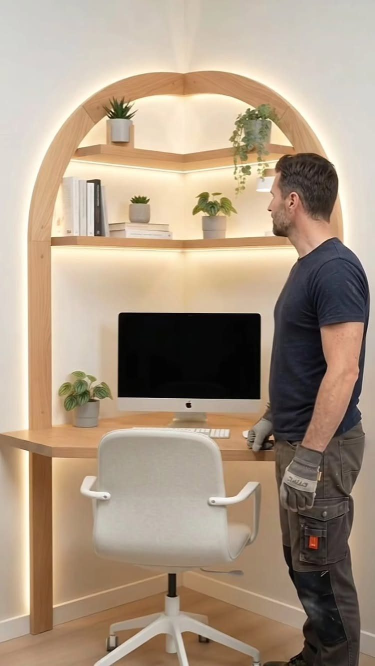 Light-wood corner desk and shelving unit with integrated LED lighting and potted plants.