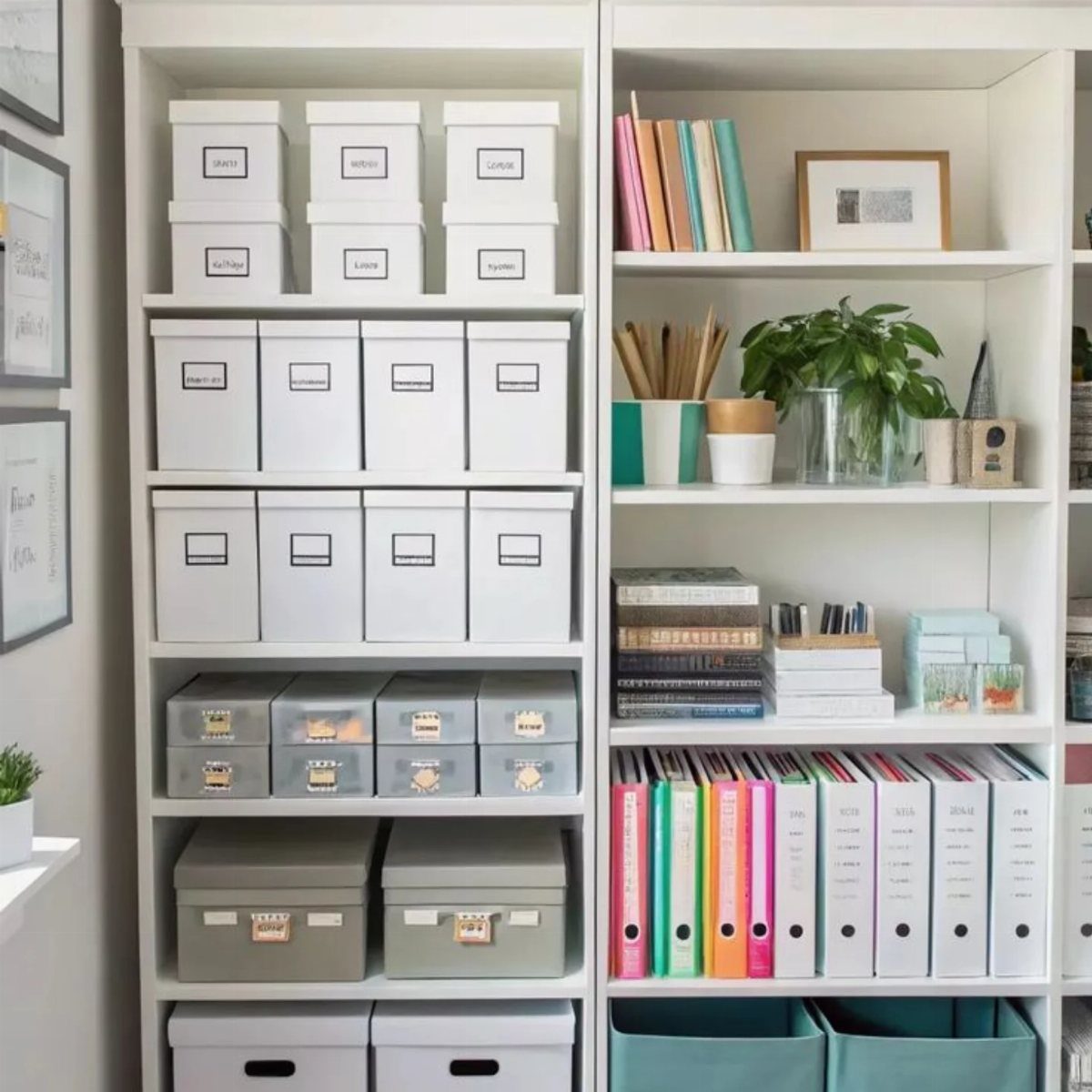 White shelving units organized with labeled storage boxes, colorful binders, and books.