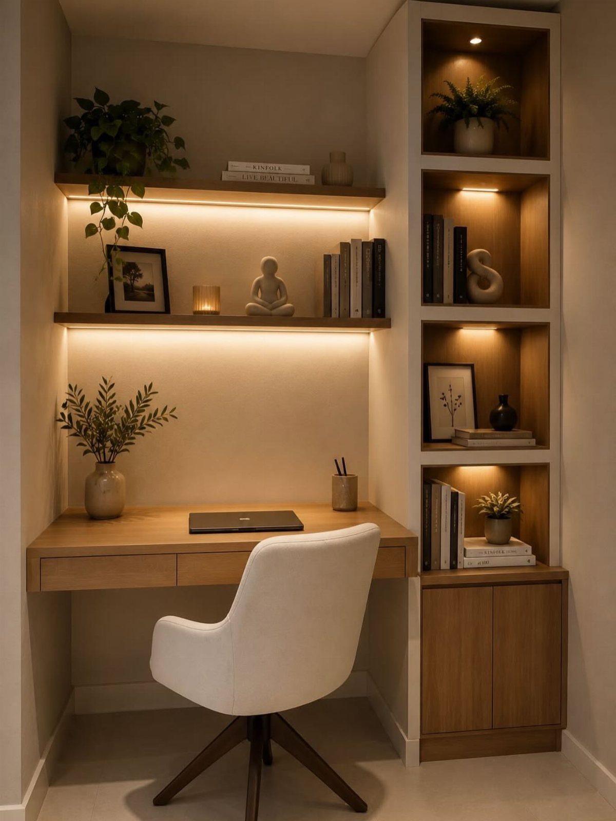 Light wood desk and wall-mounted floating shelves with integrated lighting in a home office.