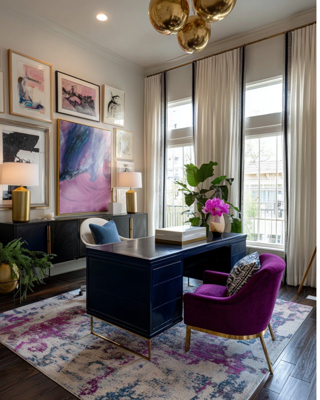 Abstract purple and blue patterned area rug in a modern home office setup