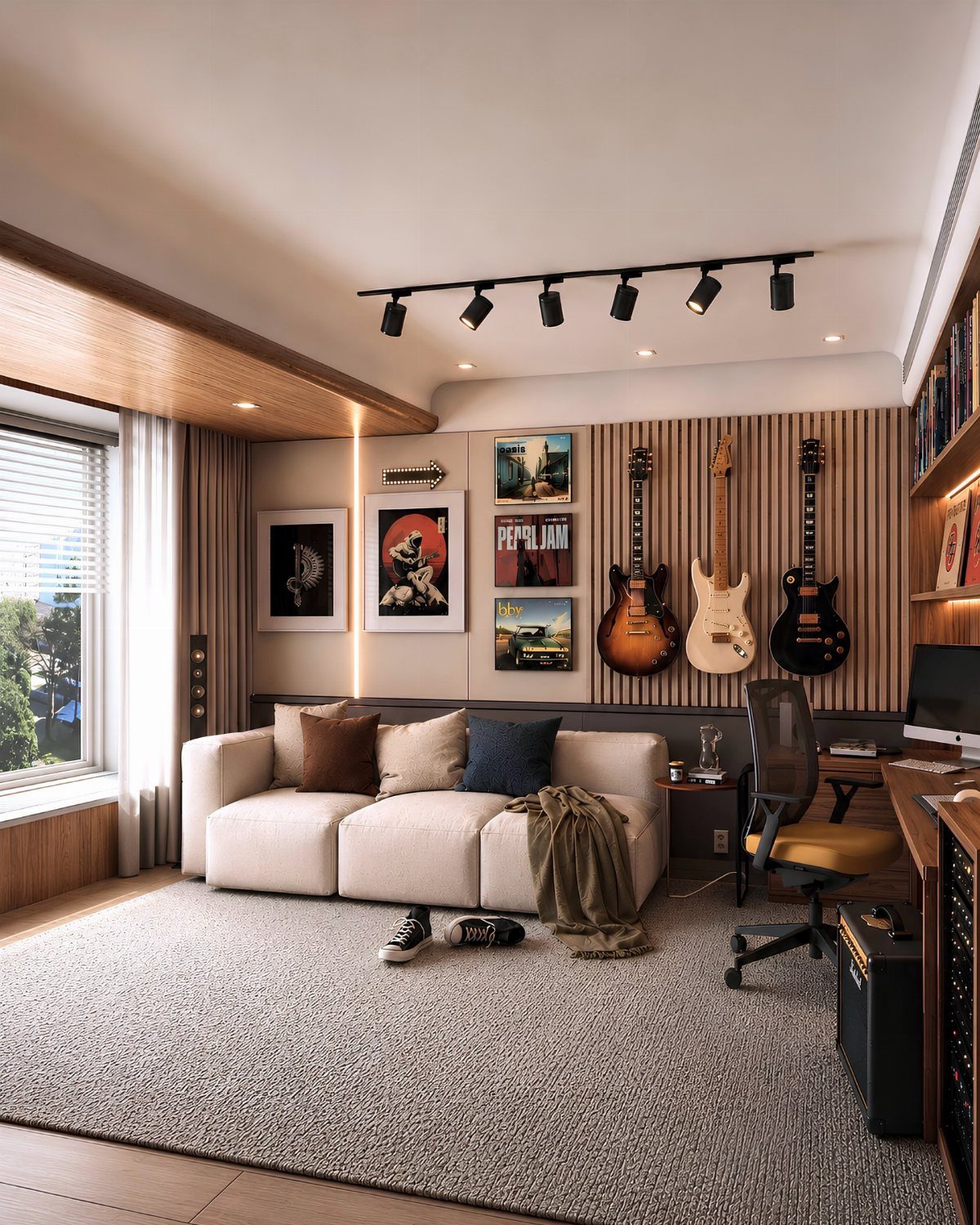 Modern home office with a large grey carpet, white sofa, and hanging guitars.