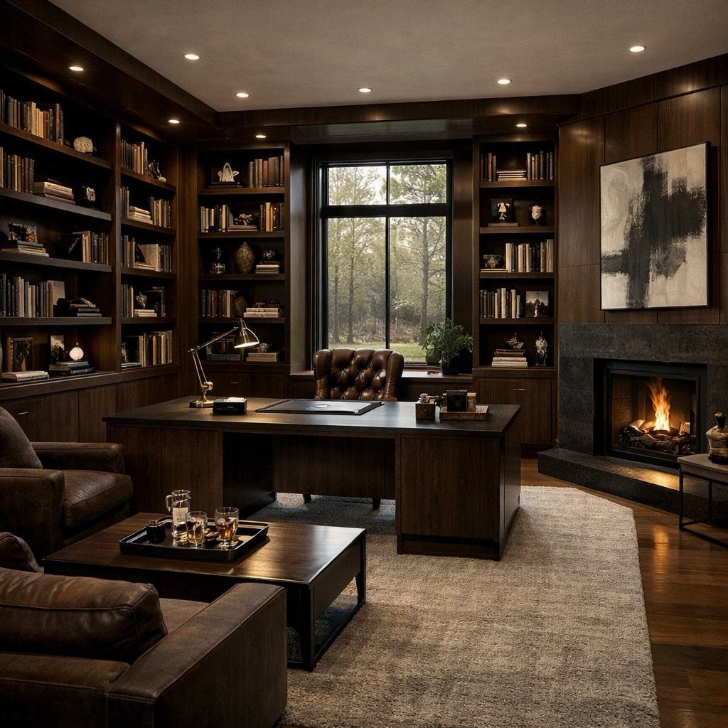 Luxurious home office with dark wood paneling, leather furniture, and a beige area carpet.