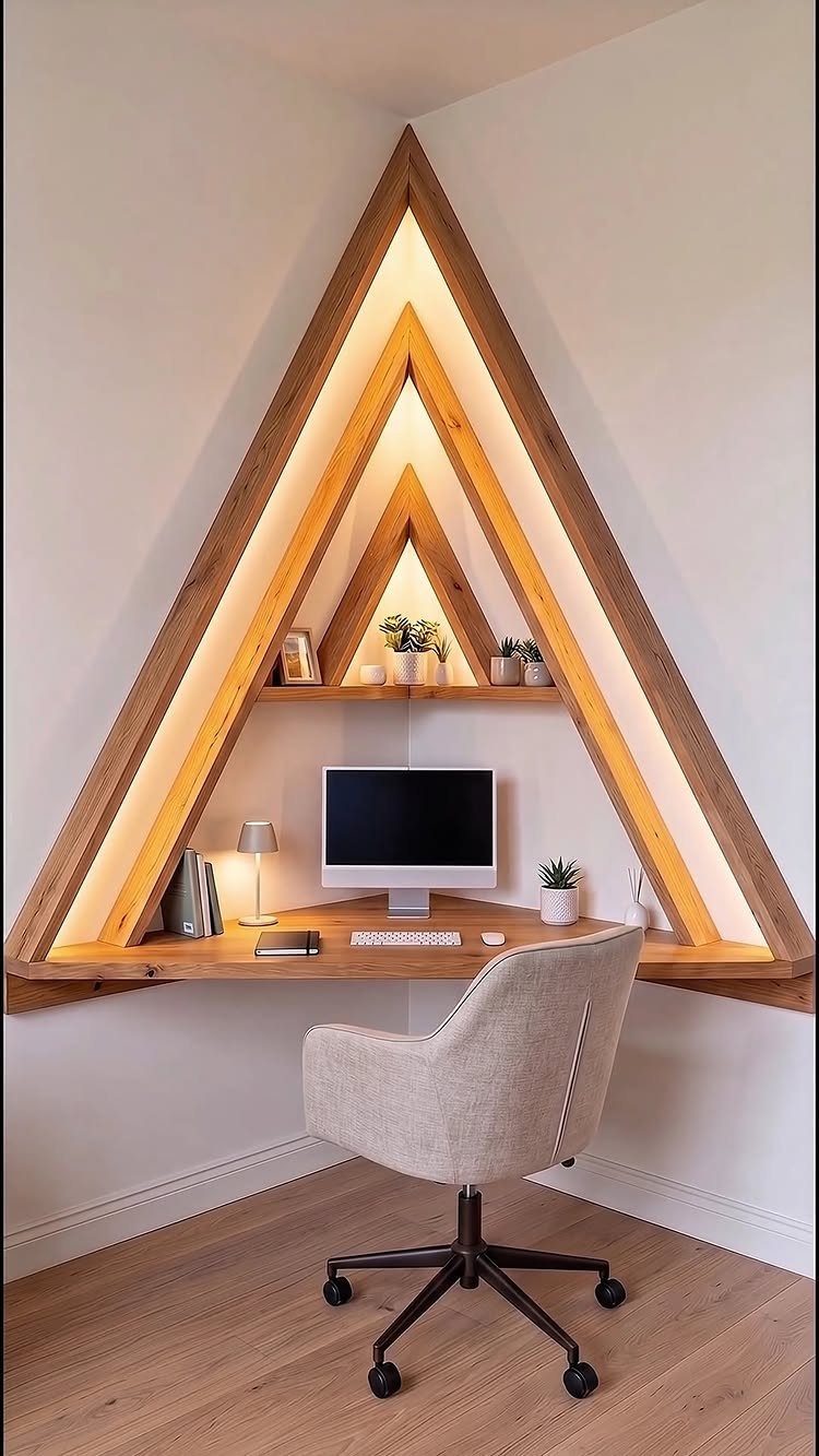 Triangle wooden corner desk with built-in lighting, computer monitor, and beige office chair.