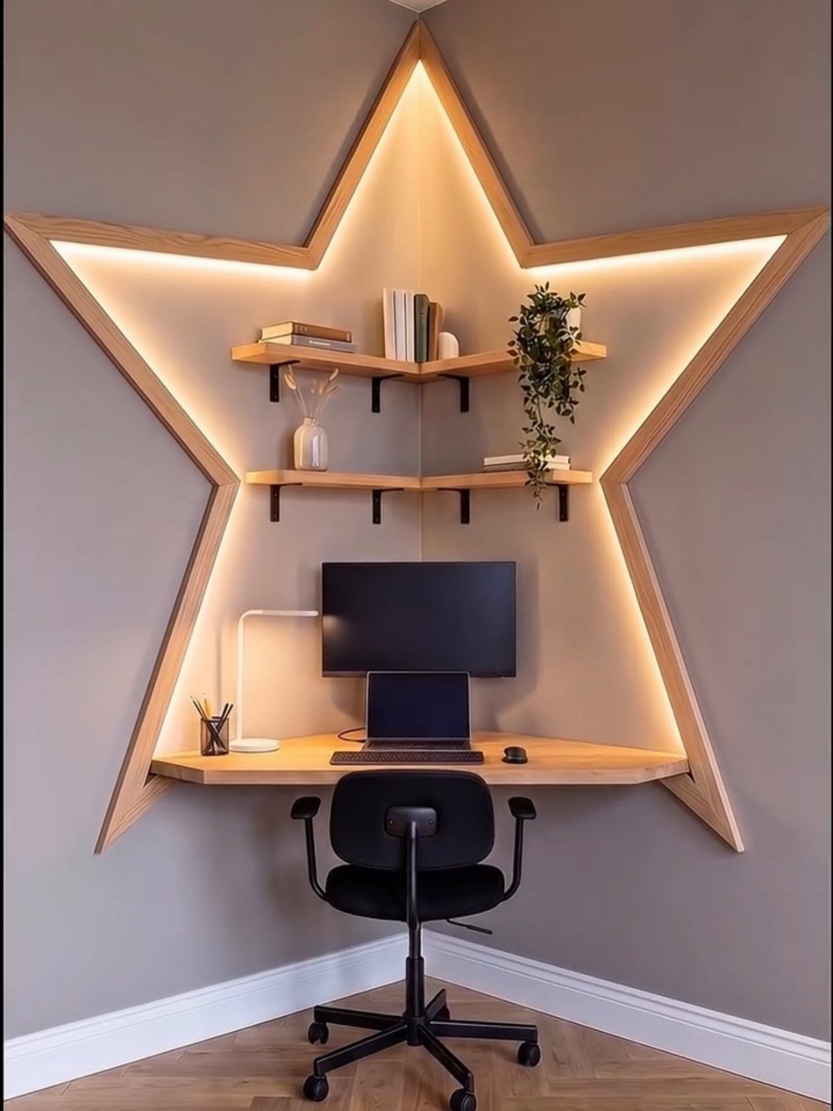 Corner home office with a wooden desk framed by a glowing star light.