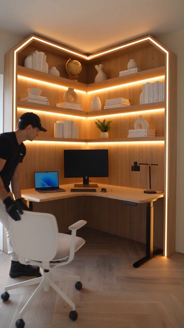 L-shaped corner desk with integrated LED backlit bookshelves and a computer workstation.