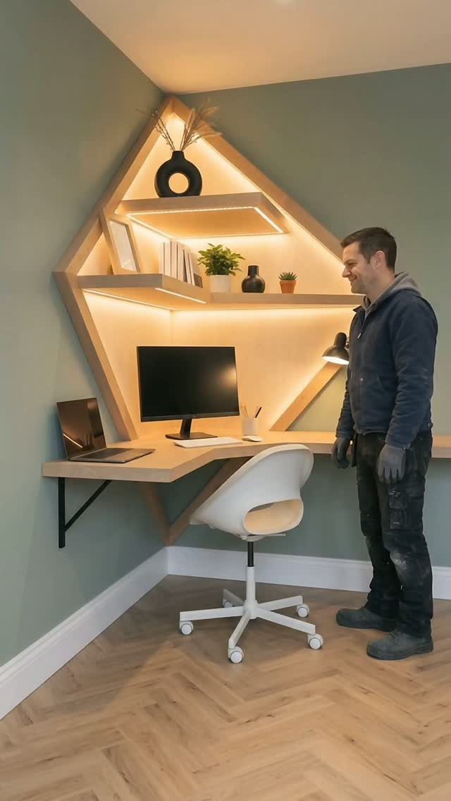 Floating corner shelf desk with integrated lighting, computer monitor, and white office chair.