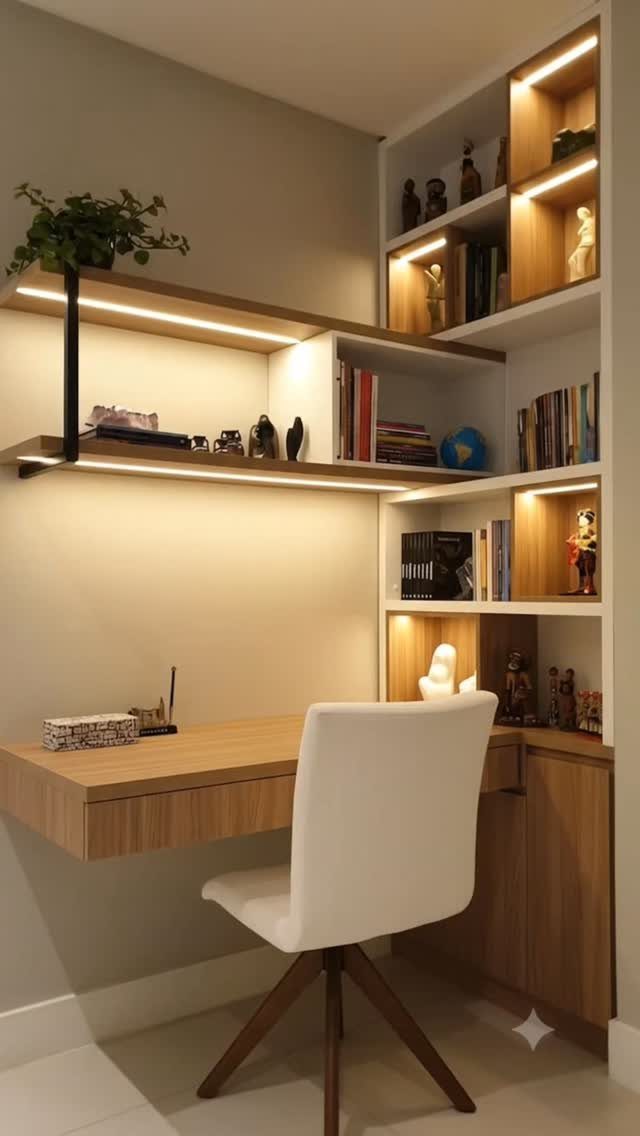 Minimalist corner home office with light wood L-shaped desk and illuminated shelving.