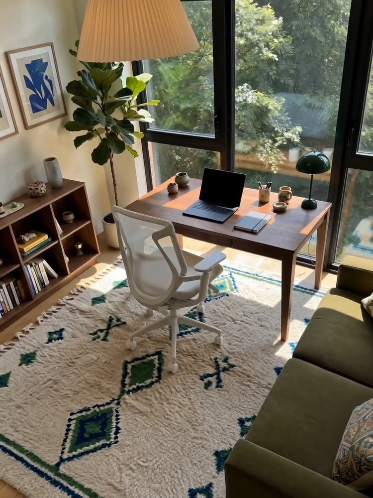 Olive green sofa positioned behind a wooden desk with a white office chair.